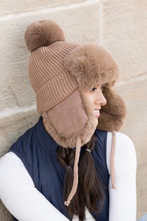 Pom Trapper Hat - Ribbed