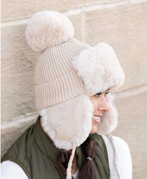 Pom Trapper Hat - Ribbed