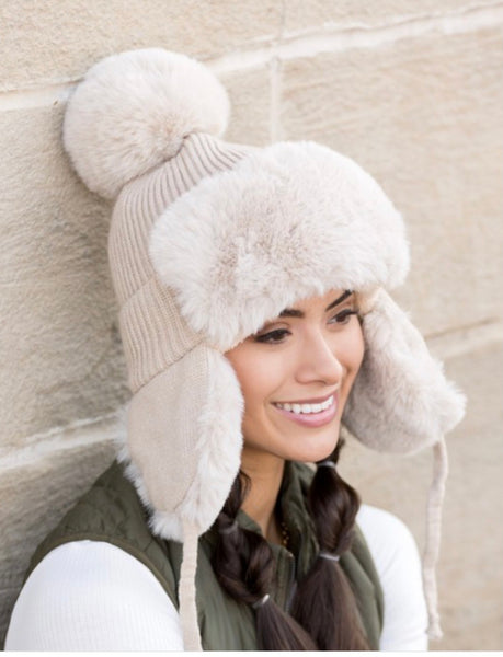Pom Trapper Hat - Ribbed